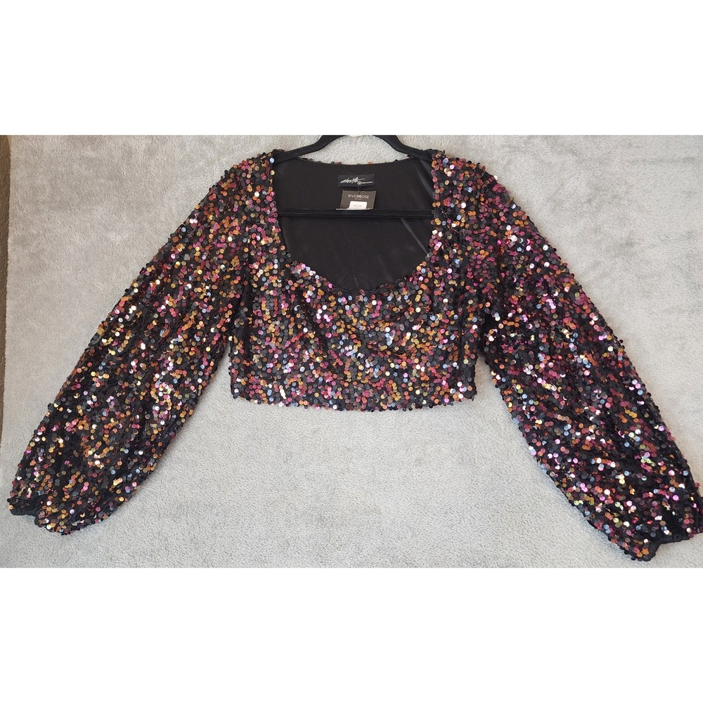 On Twelfth Shirt Womens Medium Multi Sequin Crop Top Balloon Sleeve Square Neck